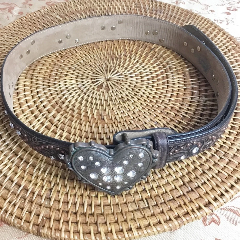 Justin Brown Bronze Heart Jeweled Belt Leather Size 34